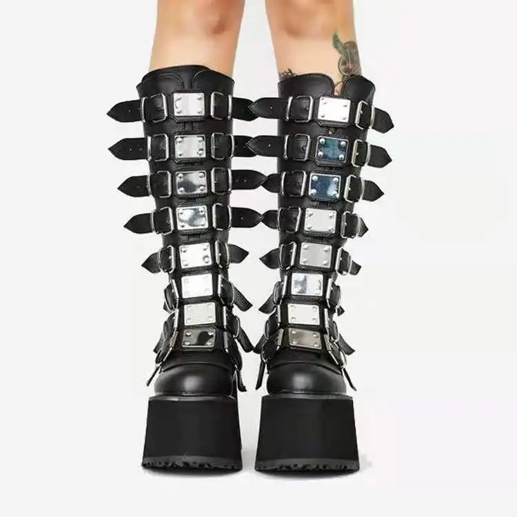 

Women's Black Long Thigh High Boots Fall Metal Buckle Punk Gothic 11cm Platform Boot Woman Wedges High Boots Botas Femininas