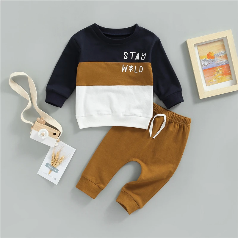 

Free Shipping Baby Boys Clothing Long Sleeve O Neck Patchwork Sweatshirt Drawstring Pants Spring Outfits Set