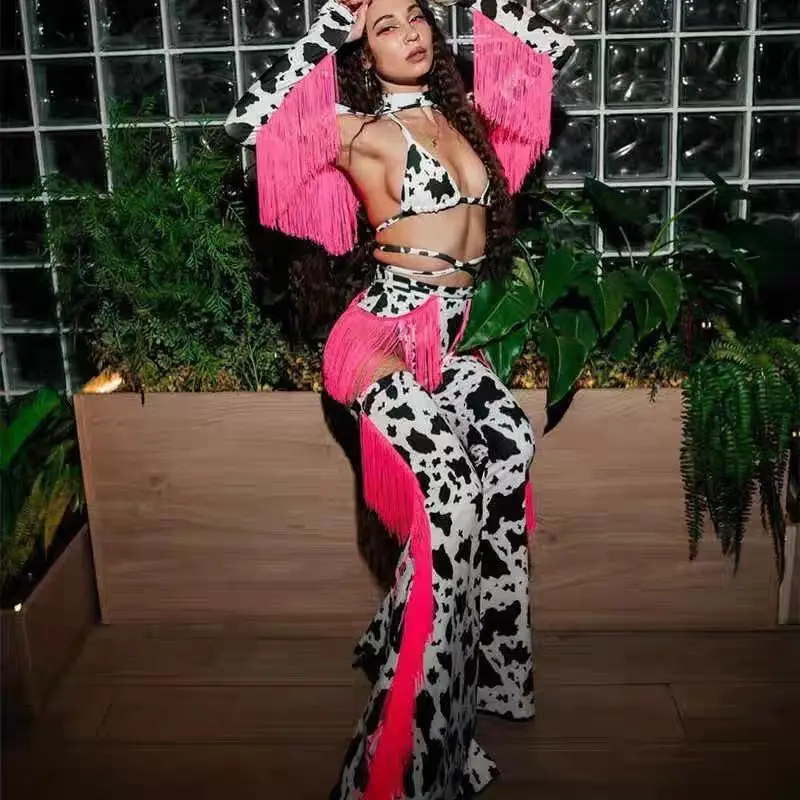 Сексуальный комплект с бахромой и рисунком коровы ночной клуб бар диджей певица