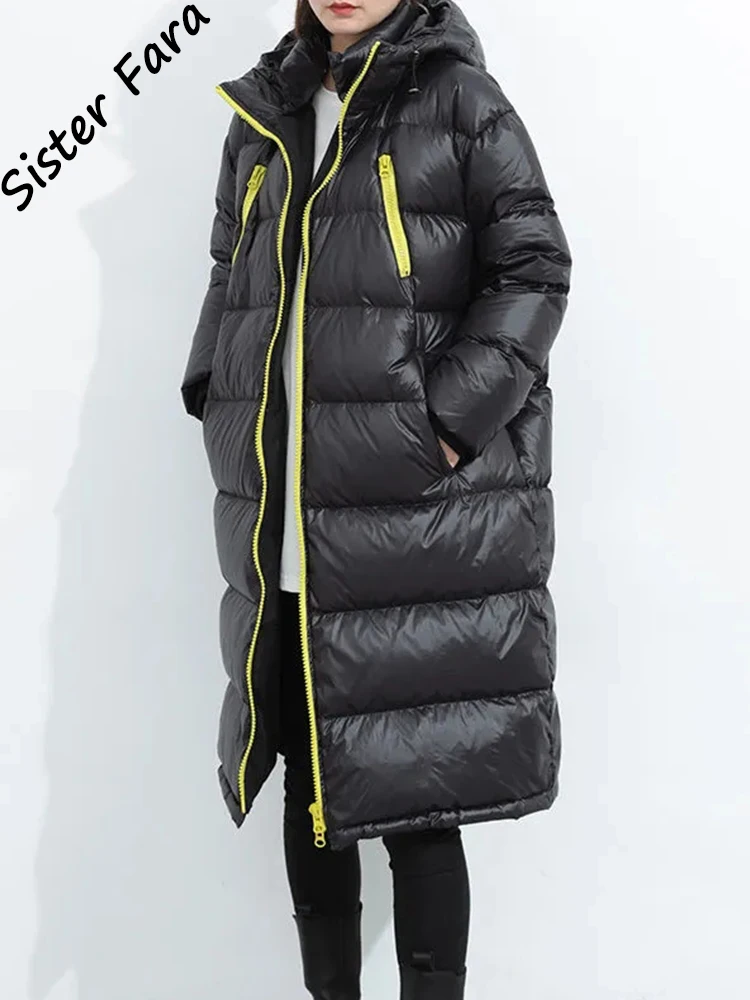 Sister Fara White Duck Down Jacket Thicken Hooded Warm Over-The-Knee Coat Unisex Winter Black Long Down Parka Puffer Jacket Coat