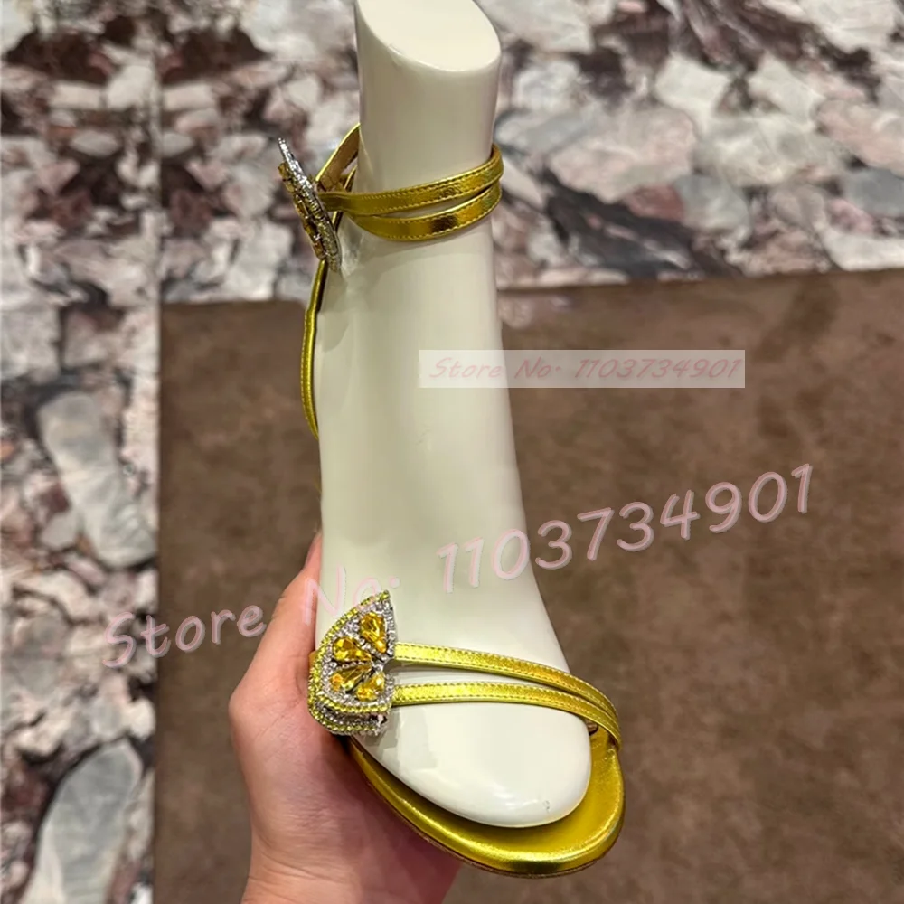 Золотые сандалии с лимонным перекрестным ремешком женские роскошные туфли из