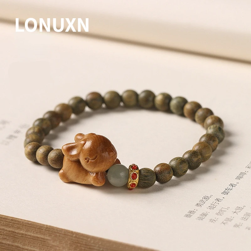 

Natural Green Sandalwood 6mm Beads Bracelets Zodiac Peach Wood Rabbit Men Women Buddhist Meditation Prayer Mala Rosary Fragrant