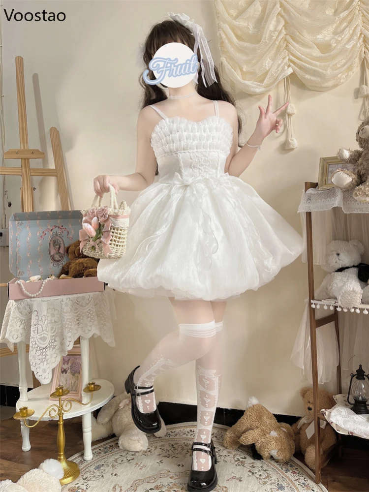 

Summer Kawaii Lolita Style Princess Dress Girls Sweet Square Collar Bow Ruffles Sleeveless Lace Dresses Women Fluffy Vestidos