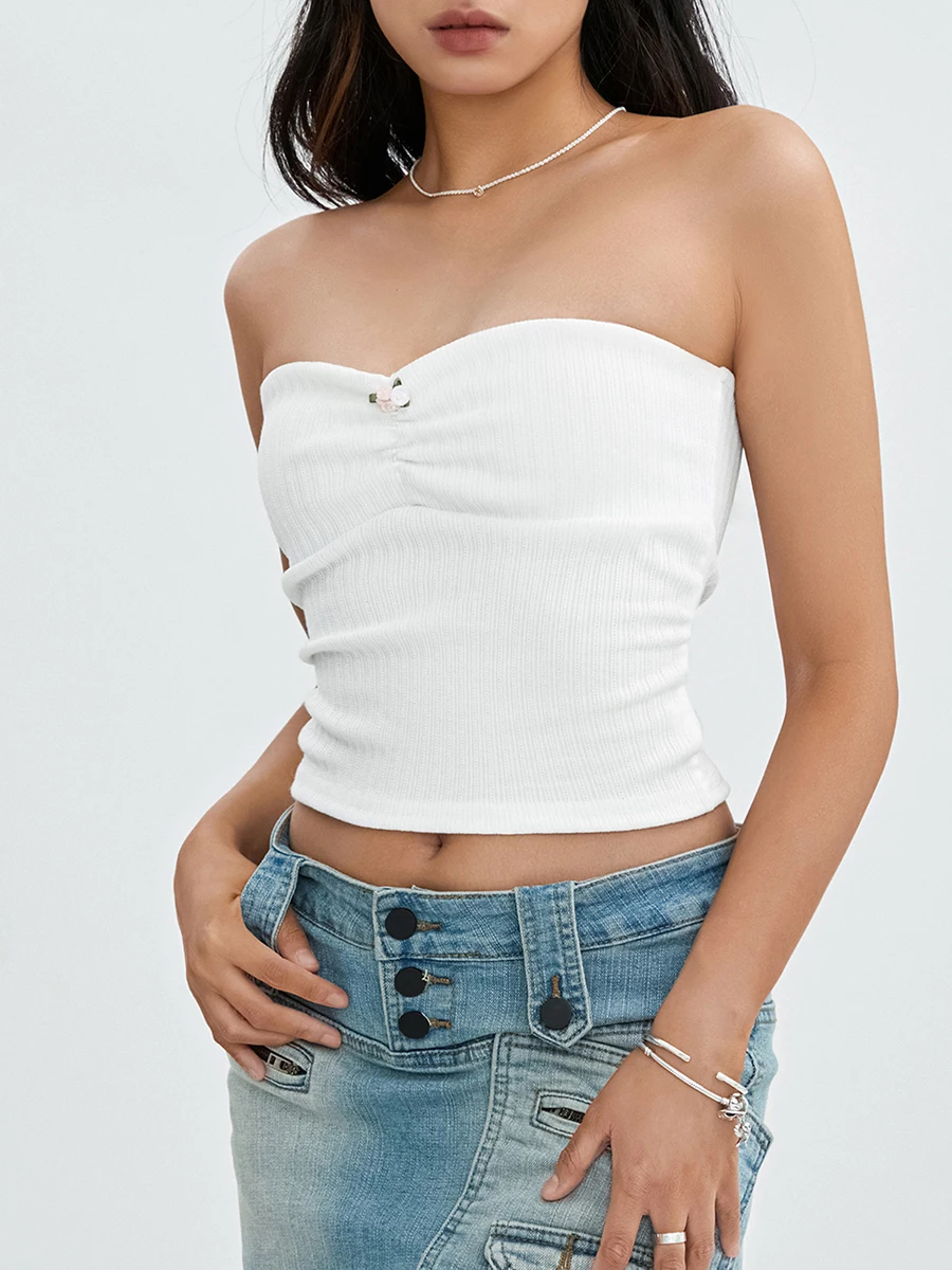 

Chic Women Y2K Lace Tube Top Off Shoulder Strapless Bandeau Crop Tops Open Back Aesthetic Vintage Slim Fit Vest Tank Streetwear