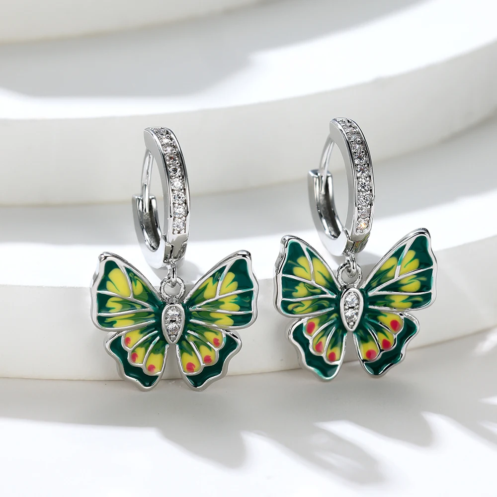 

Silver Cute Enamel Green Butterfly Dangle Earrings for Women Trendy Animal Butterflies Drop Earrings Spring Summer Jewelry