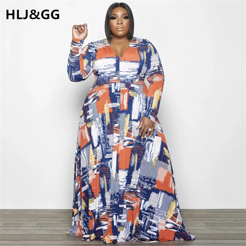 

HLJ&GG Plus Size Sexy Casual Women Print Casual Long Sleeve Deep V-Neck Loose Dresses Party Clubears Streetwears 2022 Autumn