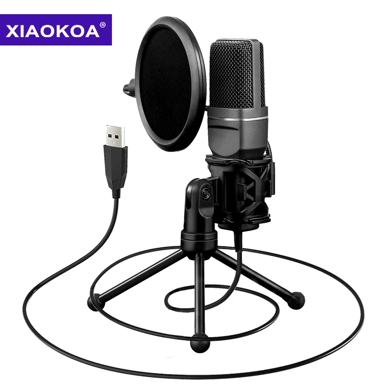 

XIAOKOA SF-777 Desktop USB Gaming Computer Condenser Microphone with Folding Stand Tripod Pop Filter for PC Video Recording Mic