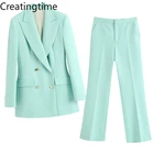 Новинка весна-осень 2022 шикарный двубортный пиджак Creatingtime с отложным воротником и широкие брюки с высокой талией комплект из двух предметов GA177
