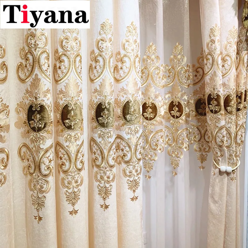 

European Luxury Beige Embroidered Palace Curtains For Living Room Bedroom Window Chenille Blackout Curtains Drapes Cortinas