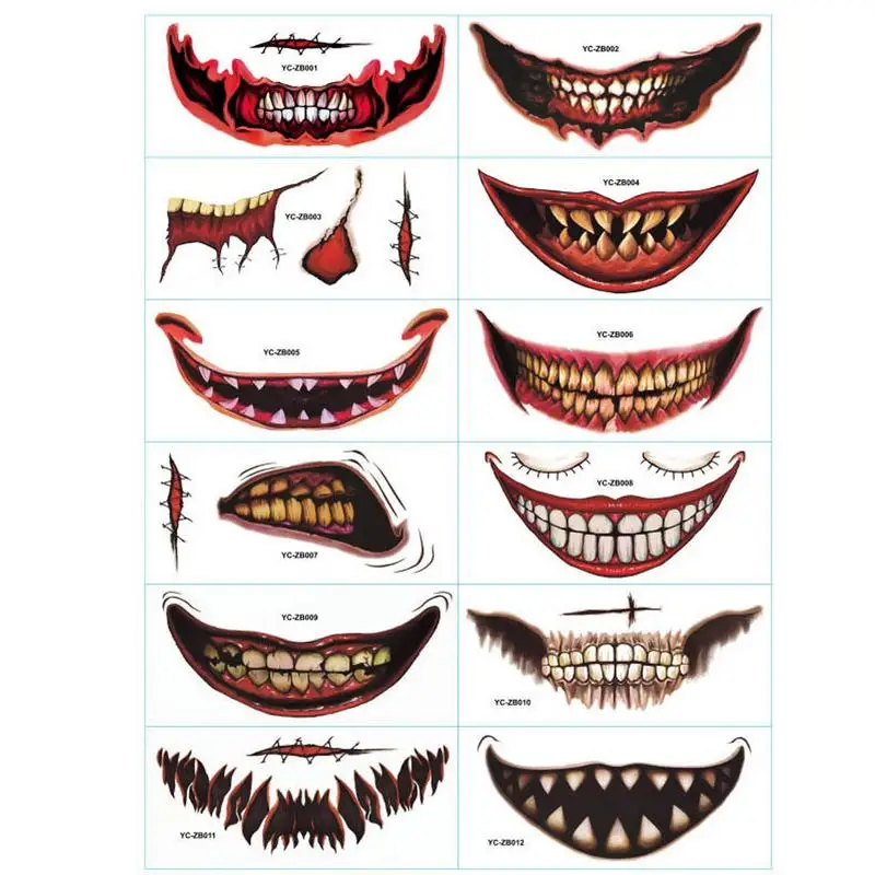 

Halloween Temporary Tattoos Kit 12 Sheets Horror Clown Mouth Stickers Halloween Face Makeup Realistic Scar Wound Sticker