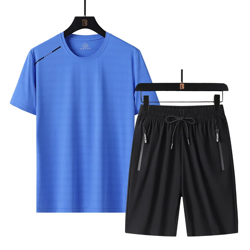 Sports Set Men's Ice Silk Short Sleeved Shorts 2023 New Summer Quick Drying Clothes Short Sleeved T-shirt+shorts Two-piece Set