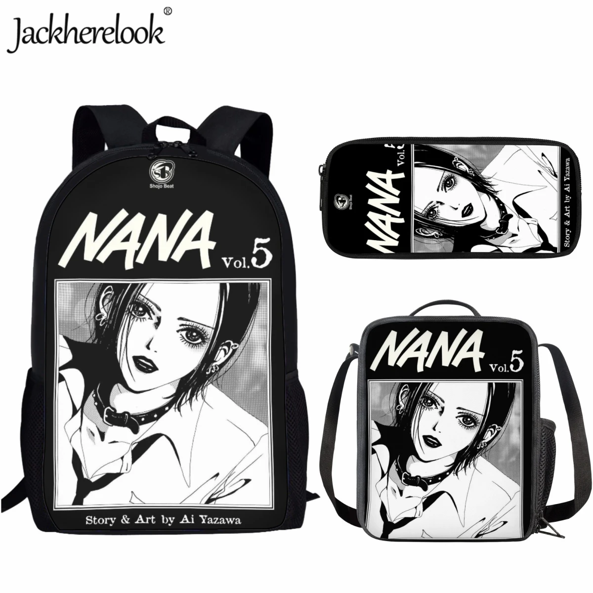 Jackherelook 3pcs Teen Large Capacity School Bag Fashion New Anime Nana Osaki Print Backpack Student Practical Bookbag Lunch Bag