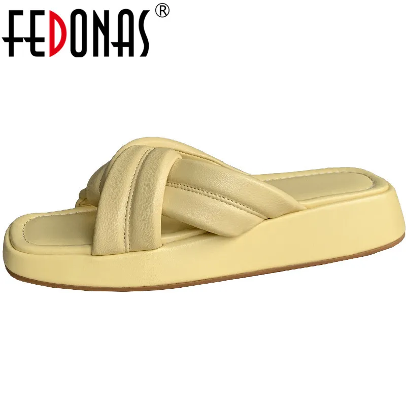 

FEDONAS 2022 Women Sandals Spring Summer Comfort Casual Genuine Leather Soft Slippers Flats Platform Fashion Concise Shoes Woman