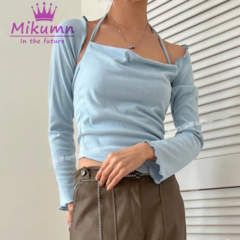 

Футболка Mikumn в стиле Харадзюку, пикантный топ с лямкой на шее и длинным рукавом, однотонный кроп-топ, футболка, уличная одежда, Y2k