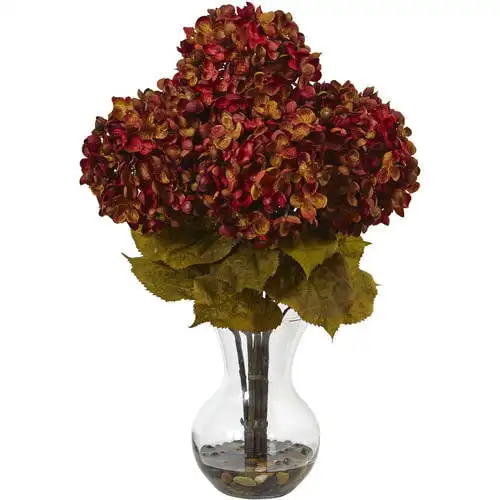 

18in. Hydrangea Flower Artificial Arrangement with Glass Vase, Rust