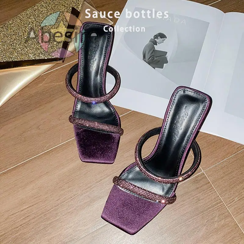 Сандалии женские без застежек открытый квадратный каблук-шпилька фиолетовый