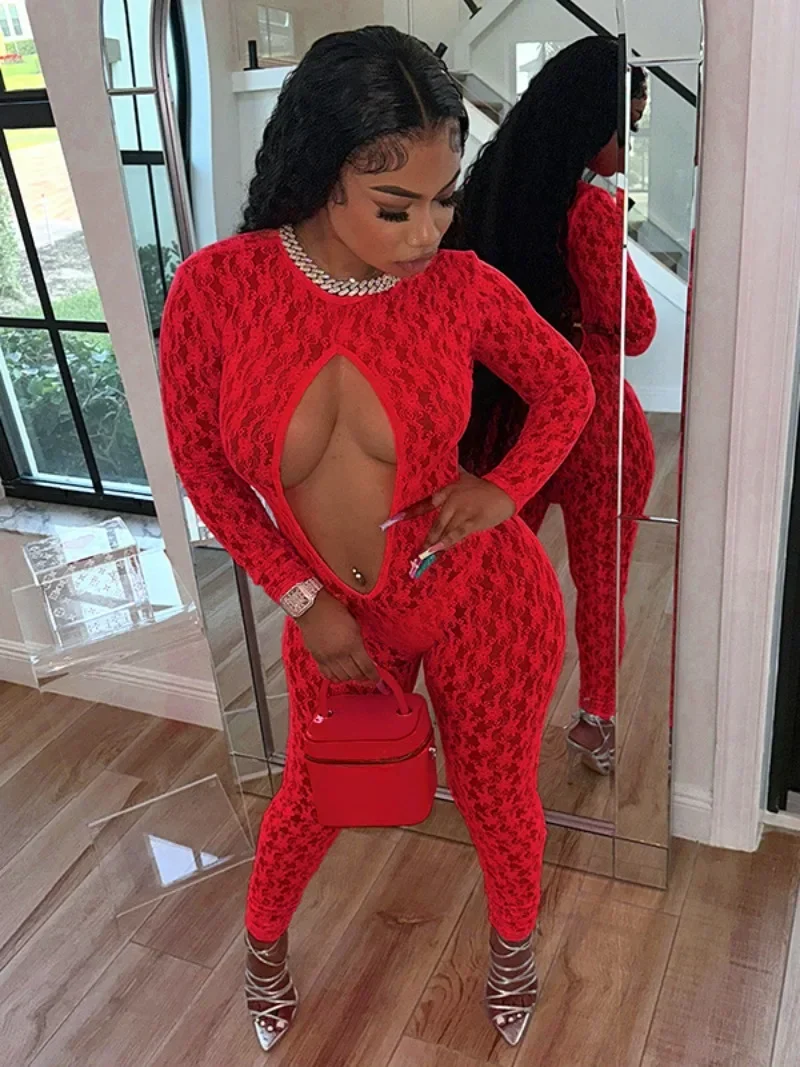 Сексуальные прозрачные кружевные комбинезоны с круглым вырезом и длинными