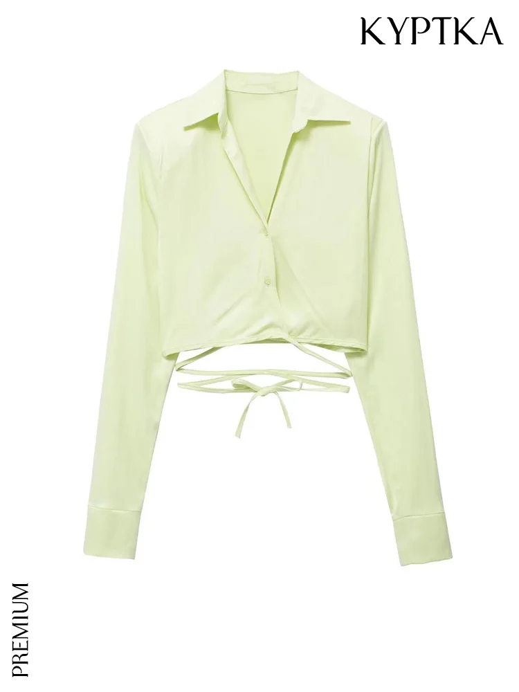 

KYPTKA Women Fashion Front Tied Satin Cropped Shirts Vintage Long Sleeve Button-up Female Blouses Blusas Chic Tops