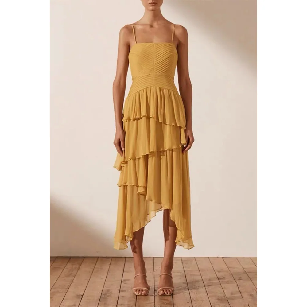 

Shona J@y23 Summer New Goose Yellow Gauze Halter Irregular Hem Dress Women