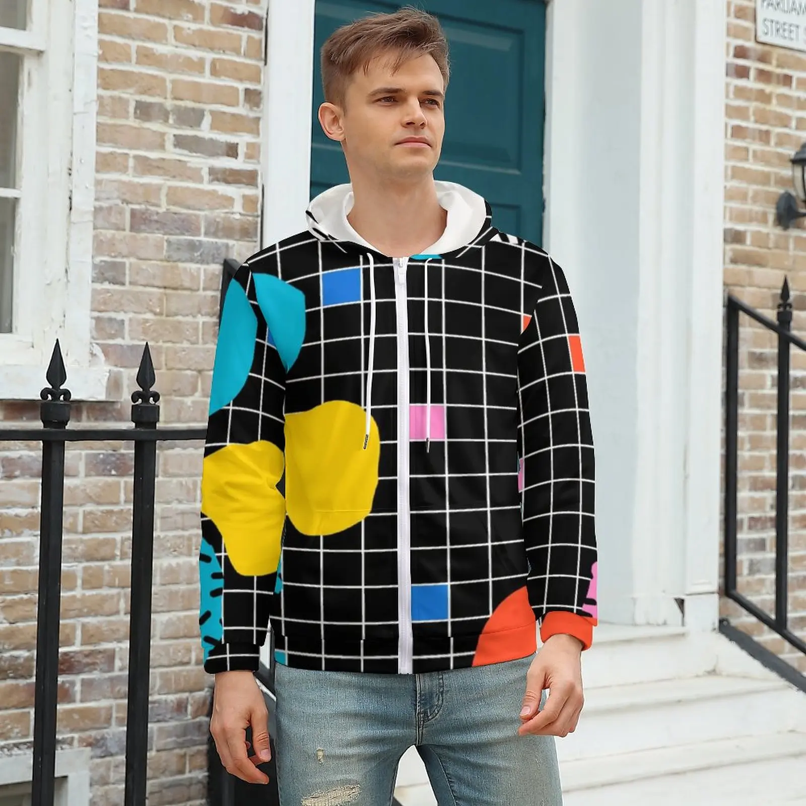 

Memphis Hoodie Grid Minimal 80s Vibes Streetwear For Man Hoodies For Man Autumn Zip Up Hoodie Big Size