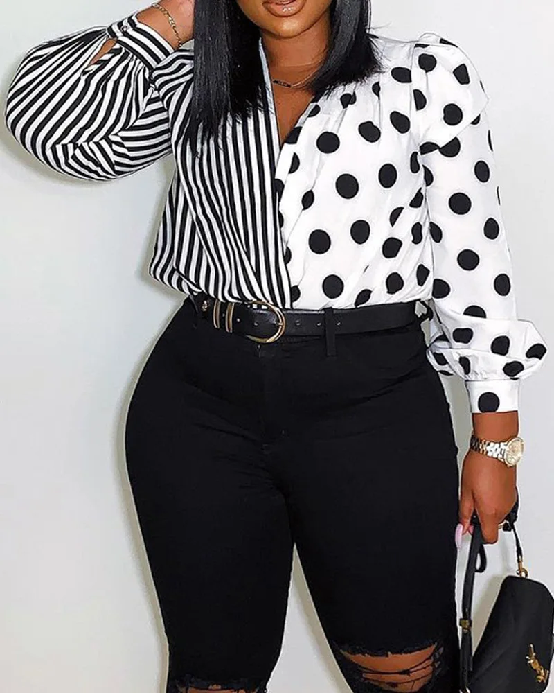 Женская одежда полосатая рубашка в горошек топ с длинными рукавами блузка