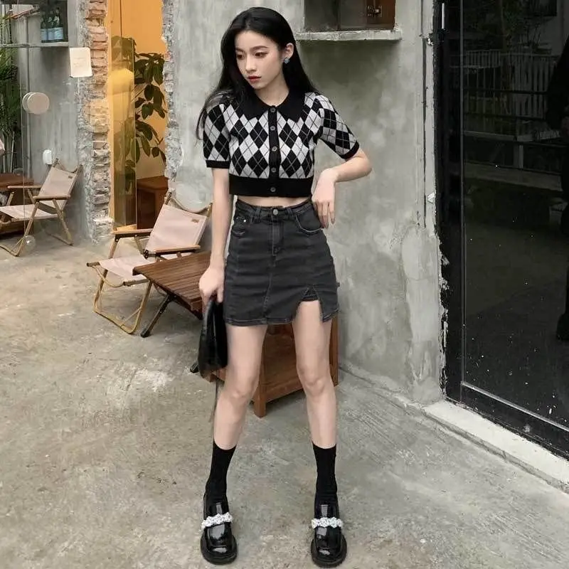 

Cardigan Women Maiden England Preppy Style Crop Sweater Sexy Girls Kawaii Sweet Cozy Slim Argyle Turn-down Collar Teen Vintage