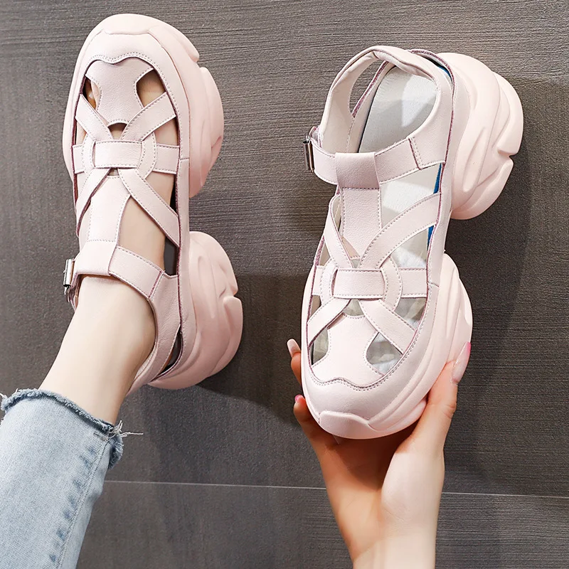 CICIYANG Summer Women Sandals Genuine Leather 2023 Platform Mujer Comfy Fashion Ladies Buckle Chunky Heel Openwork Weaving Shoes