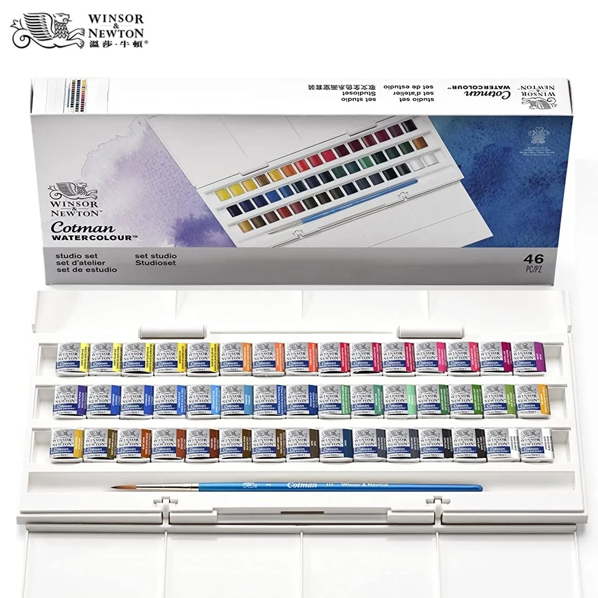 Фото Набор акварельных красок Winsor & Newton Cotman, студийный набор 45, полукастрюли с кистью для рисования, палитра художников, портативные принадлежности для рисования №1