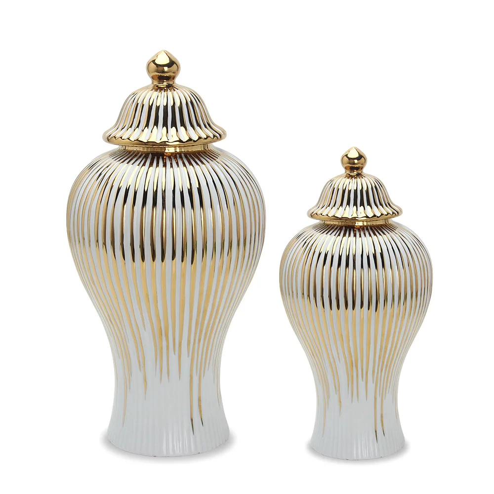

Ceramic Ginger Jar Golden Stripes Decorative General Jar Vase Porcelain Storage Tank with Lid Handicraft Home Decoration
