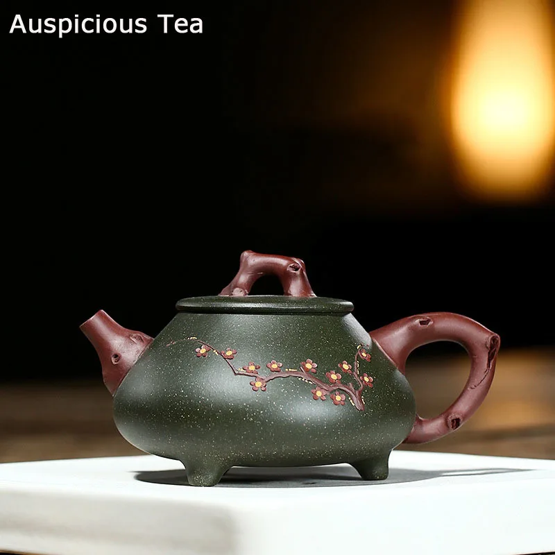 

400ml Creative Yixing Raw Ore Green Mud Three-legged Plum Blossom Pile Purple Clay Teapot Handmade Home Chinese Kung Fu Tea Set