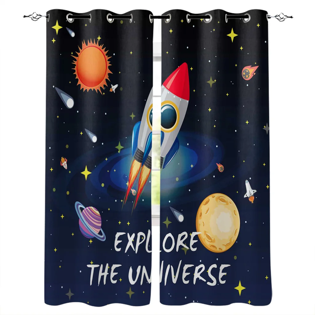 

3D Outer Space Cartoon Cute Spaceship Rocket Curtains for Children's Bedroom Living Room Kids Window Treatments Kitchen Drapes
