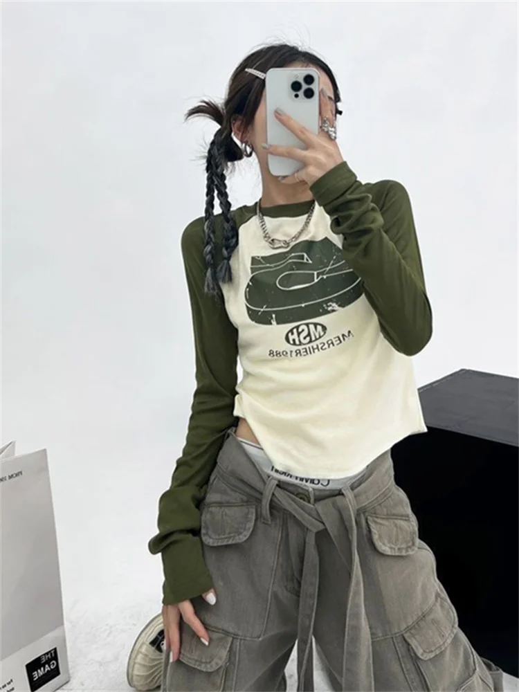 

Deeptown Y2K Vintage 90s Long Sleeve T-Shirt Women Harajuku Retro Graphic Print Tees Slim Streetwear Hip Hop Patchwork Crop Top