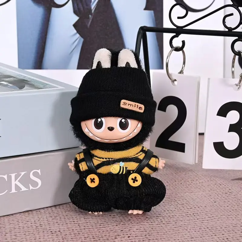Фото Мини-набор одежды Labubu Bumblebee 4-го поколения для виниловой куклы-брелока, милый желтый, черный полосатый костюм с аксессуарами для крыльев №1