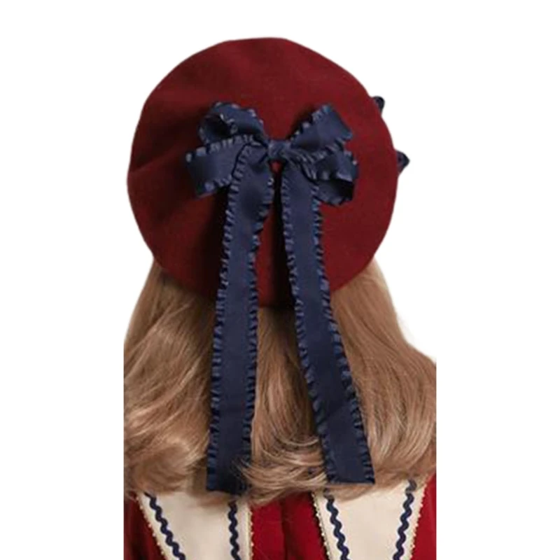 

Cute JK Uniform Bow Hat Winter Japanese Lolita Painter Hat Kawaii Preppy Style Girl Woolen Beret Sweet Cute Female