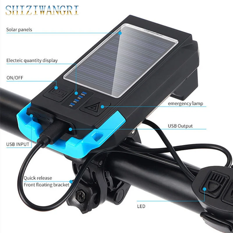 

3 IN 1 LED Bike Light Front Solar Bicycle Light Rechargeable Flashlight for Bicycle with Horn Phone Holder Bike Accessories