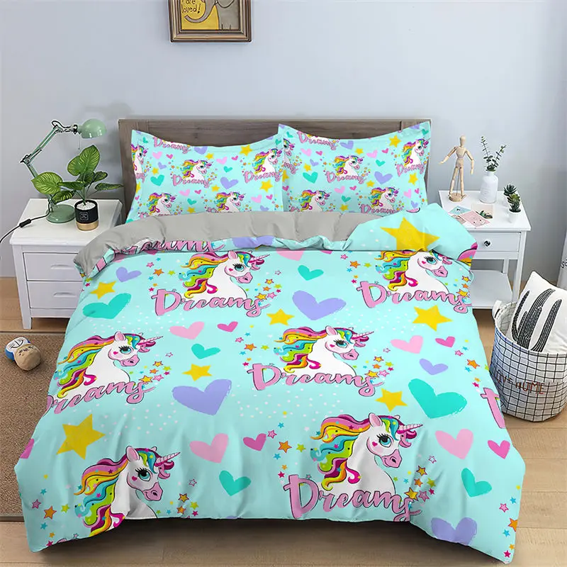

3D Unicorn Duvet Cover Cartoon Style Bedding Set Luxury Twin Full For Kids Boys Girls Microfiber Comforter Cover Home Textile
