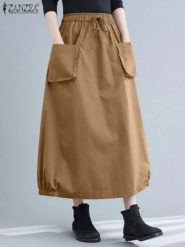 

Женская винтажная юбка макси ZANZEA, осенняя длинная юбка с эластичным поясом, повседневная юбка-карго с карманами, уличная одежда