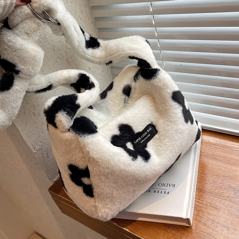 

Модная Шахматная женская сумка на плечо из искусственного меха, сумки через плечо с узелком и лямками из плюша с леопардовым принтом для жен...