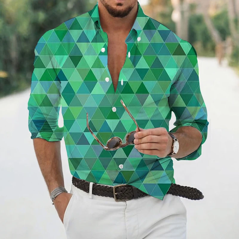 

Autumn Square Gradual Men Fashion Shirt 2022 Turn-down Collar Buttoned Shirts Men's Clothing Casual Printing Long Sleeve Tops