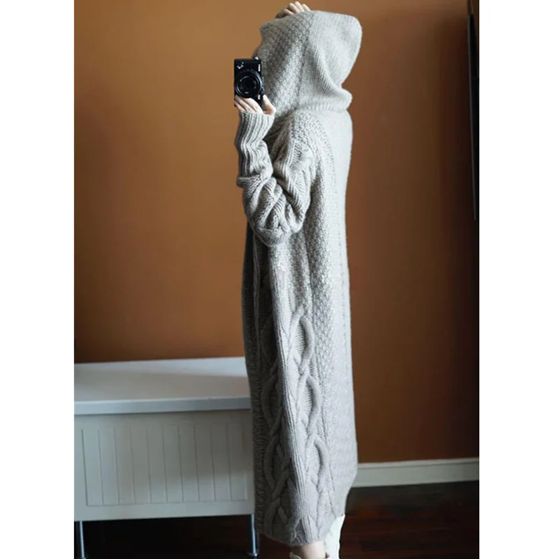 

Winter New Elegant Womens Cardigan Coat Long Hooded Sweaters Thick Warm Sweater Female Loose Casual Streetwear Tops