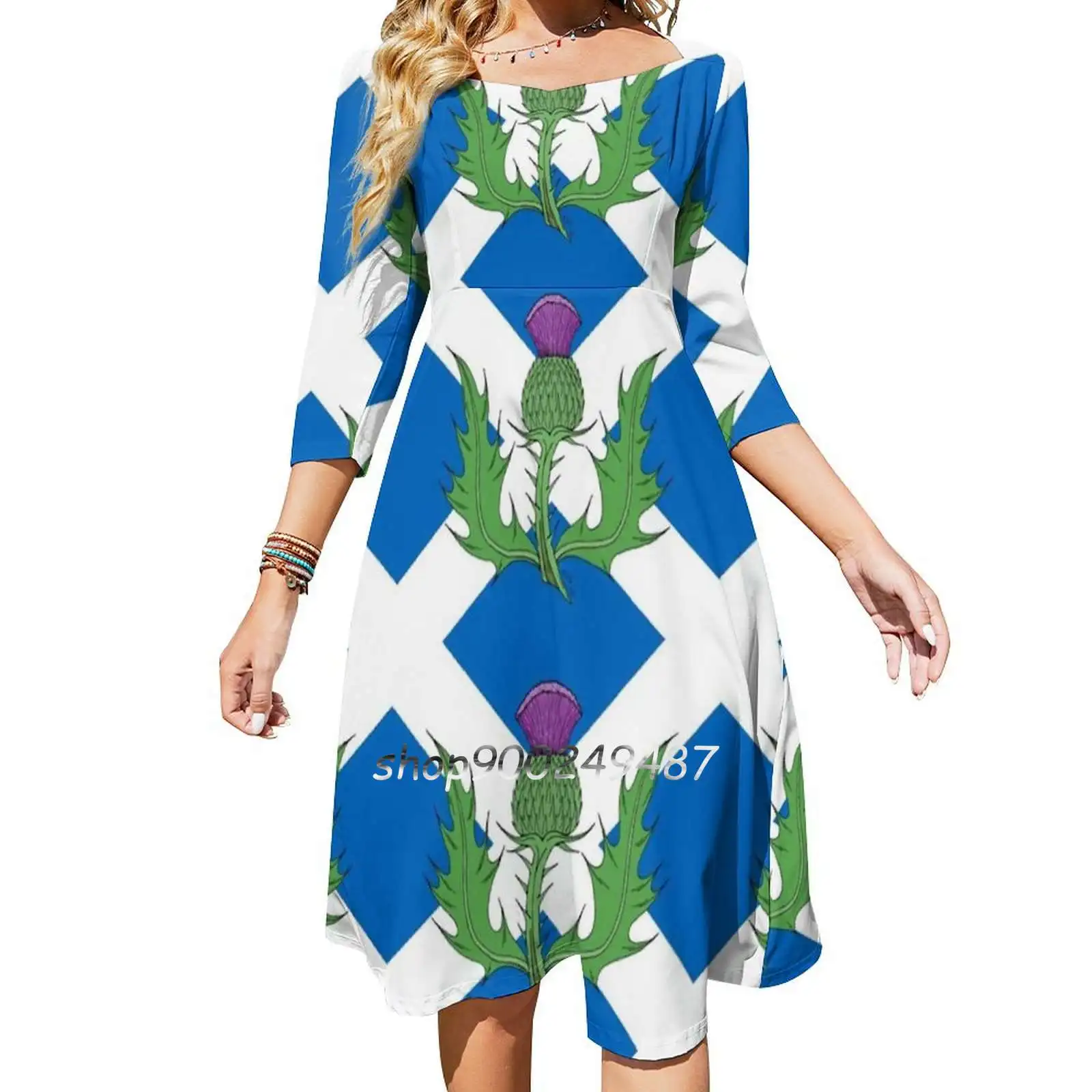 Scottish Thistle &amp Saltire Women Casual High Waist Mini Dress Short and Long Sleeve Dresses Fashion