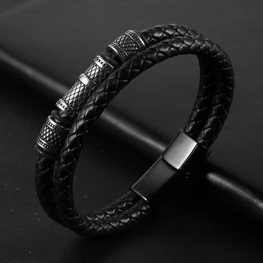 

Vintage Men's Black Brown Double Wrap Leather Wristband Bracelet On Hand Surgical Steel Charm Handcuff Bangles Punk Jewelry Gift