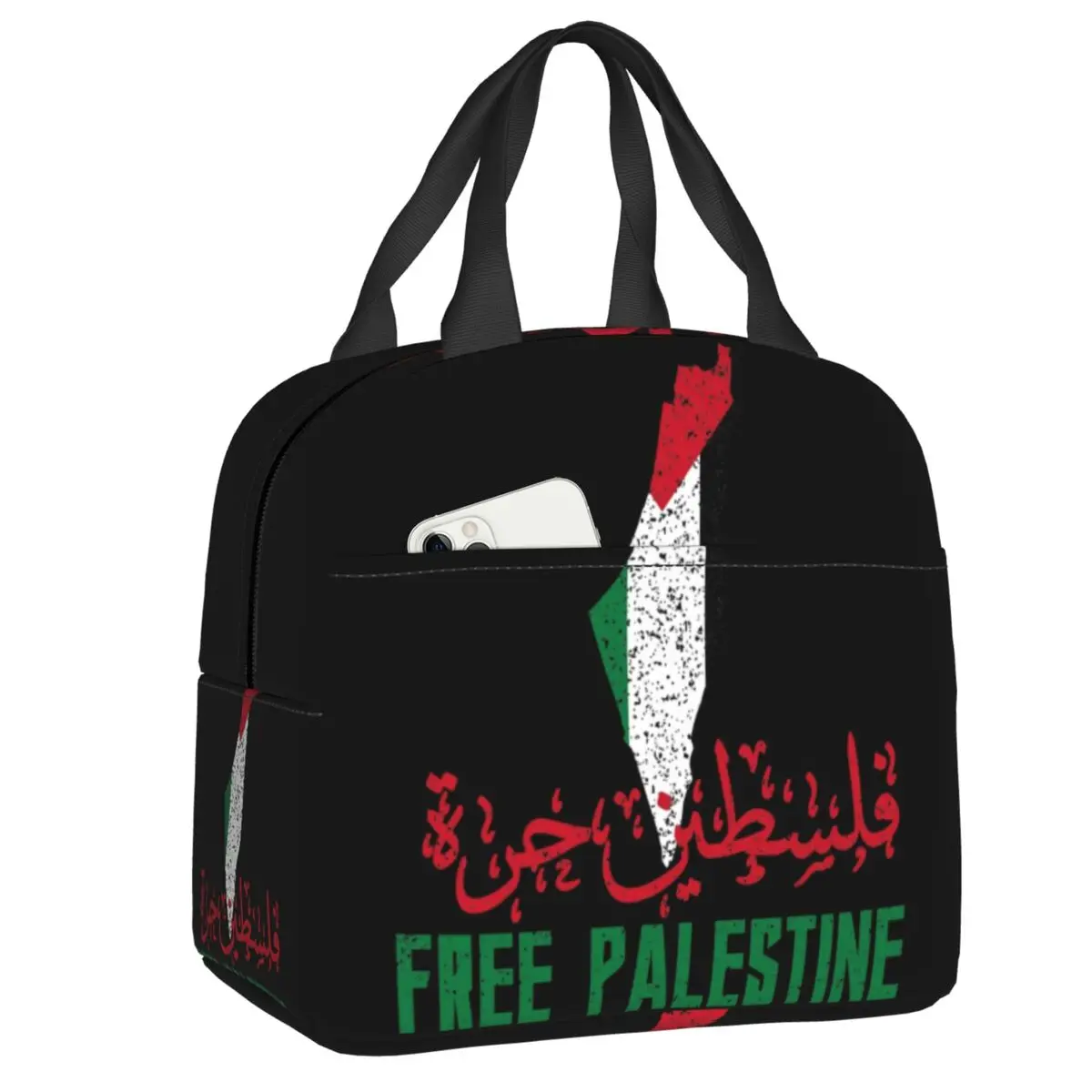 

Free Palestine In Arabic And English Calligraphy Portable Lunch Box Palestinian Flag Map Thermal Cooler Food Insulated Lunch Bag