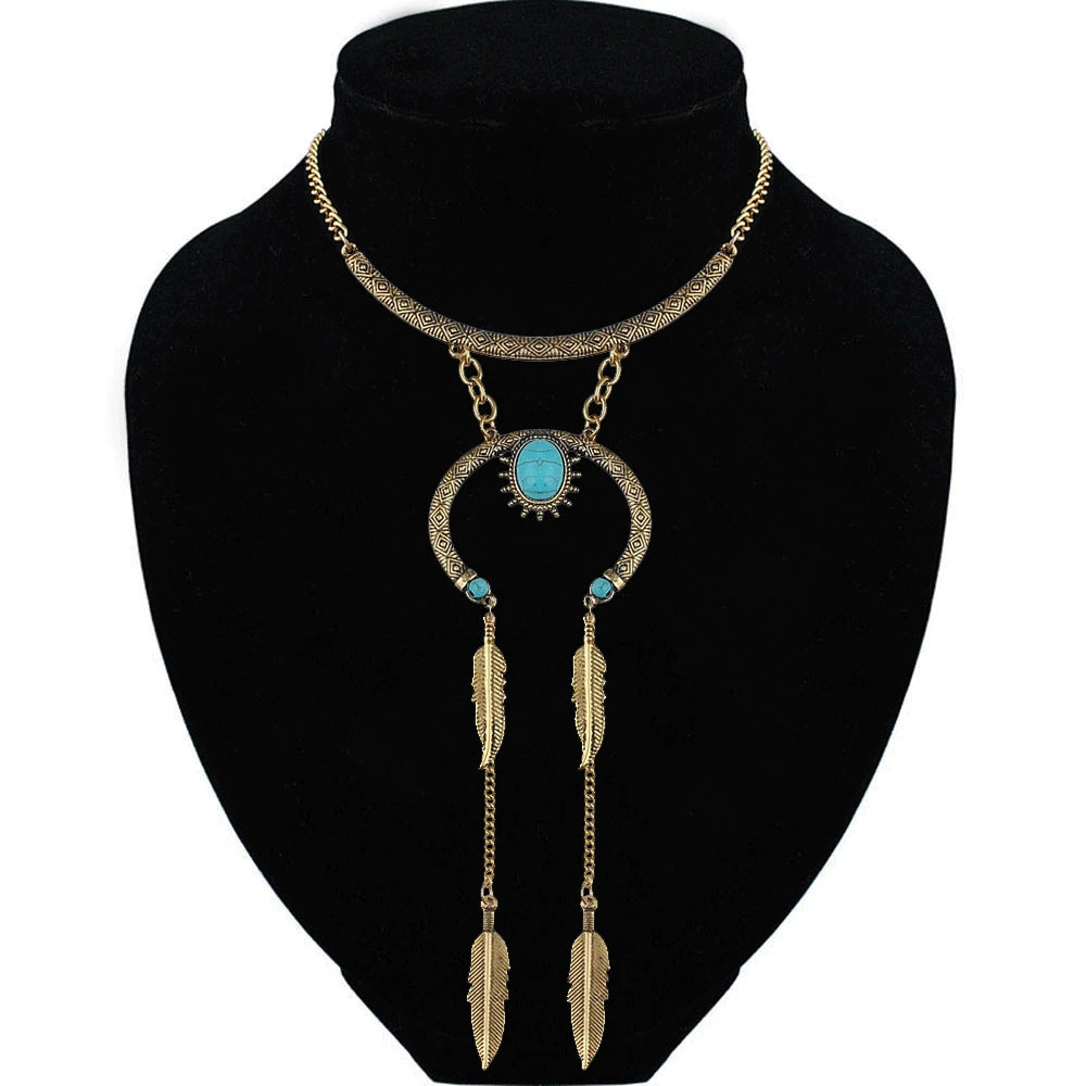 

Vintage Bohemia Style Necklace for Women Naturally Stone Feather Tassel Statement Choker Necklace Fashion Jewelry