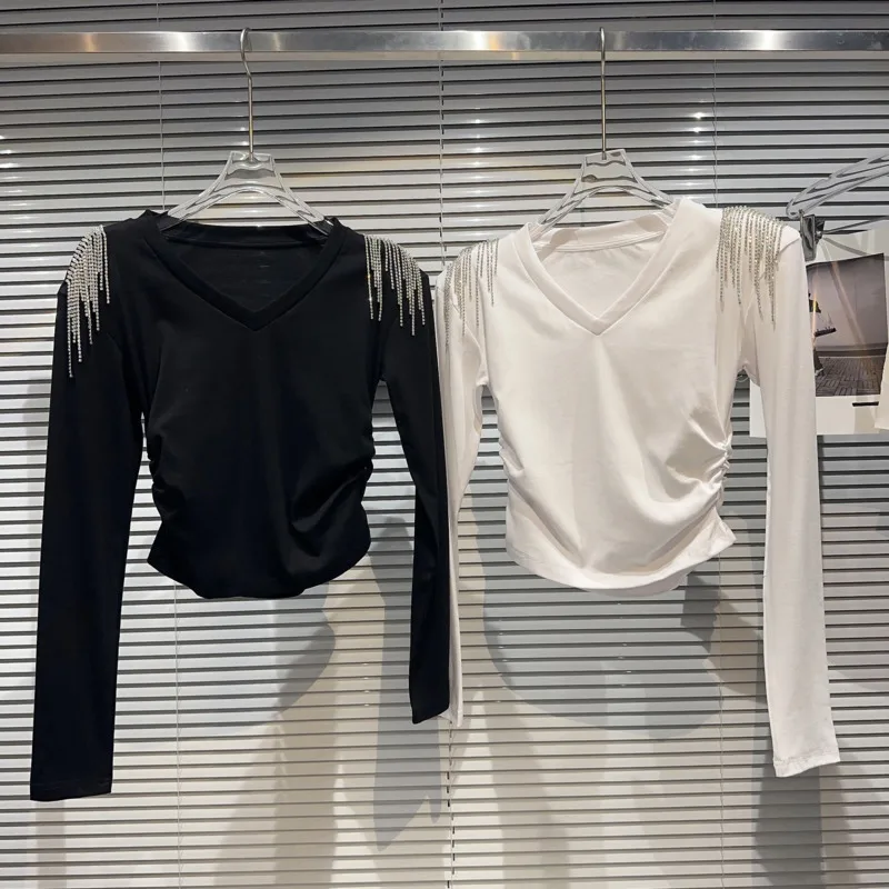 

BORVEMAYS Футболка со стразами и кисточками тонкая стрейчевая Повседневная универсальная с V-образным вырезом с длинным рукавом Однотонная Осенняя Новинка женские топы WZ5210