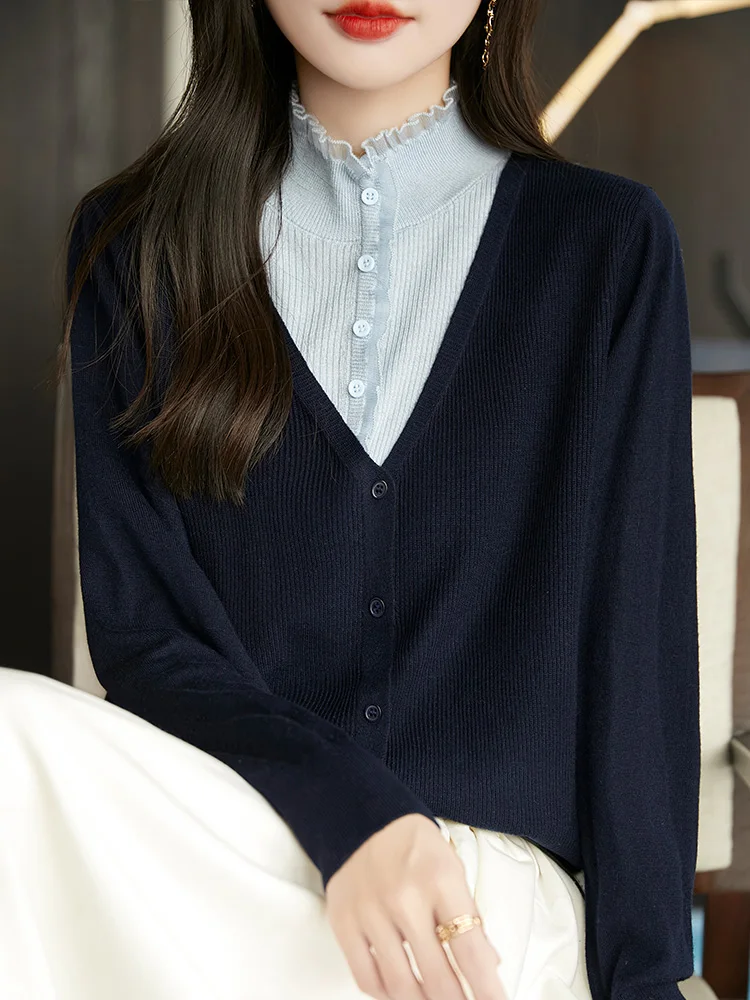 Изысканный женский кардиган из искусственной шерсти весна-осень контрастного