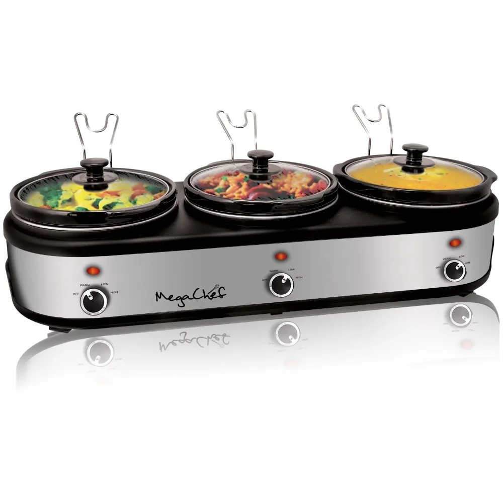 

Triple 2.5 Quart Slow Cooker and Buffet Server In Brushed Silver