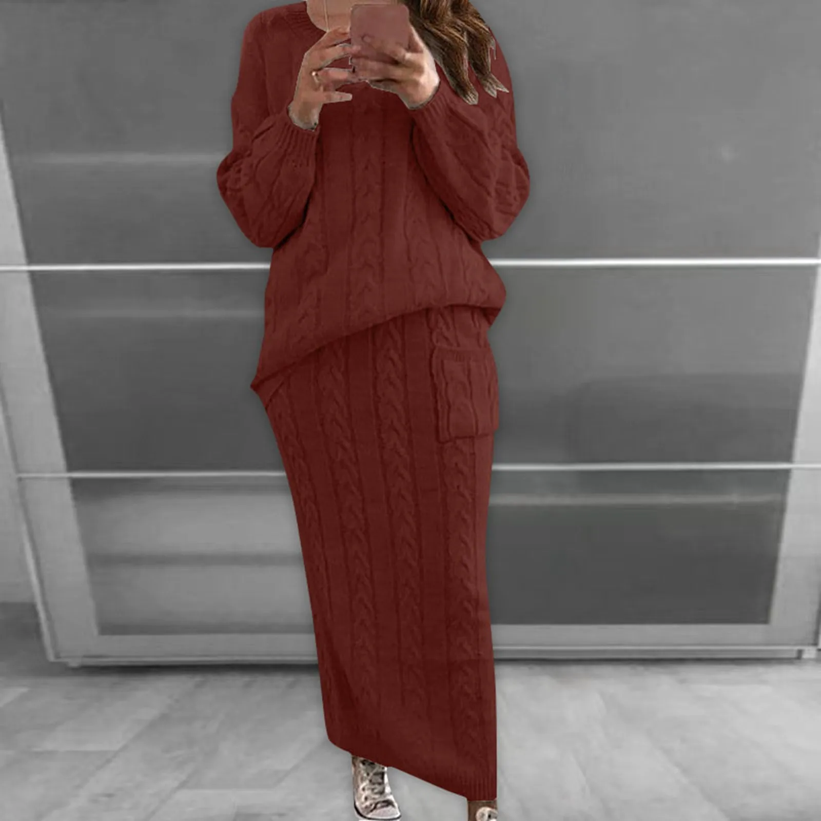 Women's Cable Knit Sweater Set In Moth Fabric Warm And Cozy For Autumn Winter A Line Two Piece Skirt Sets