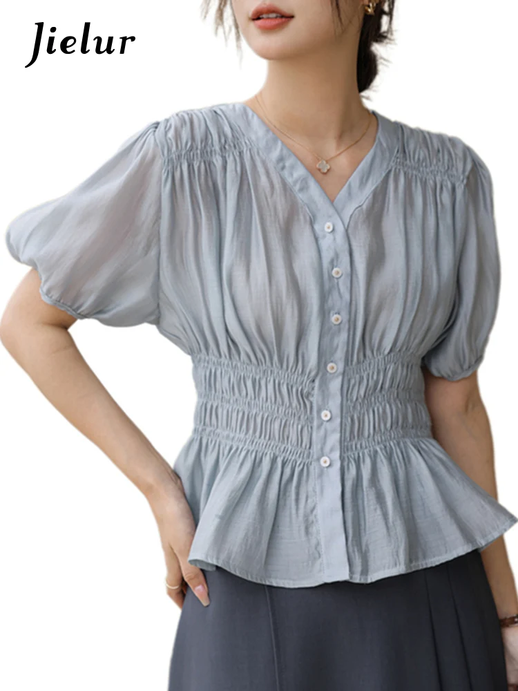 Jielur Рубашка Женская плиссированная с зауженной талией однотонная блуза пышными