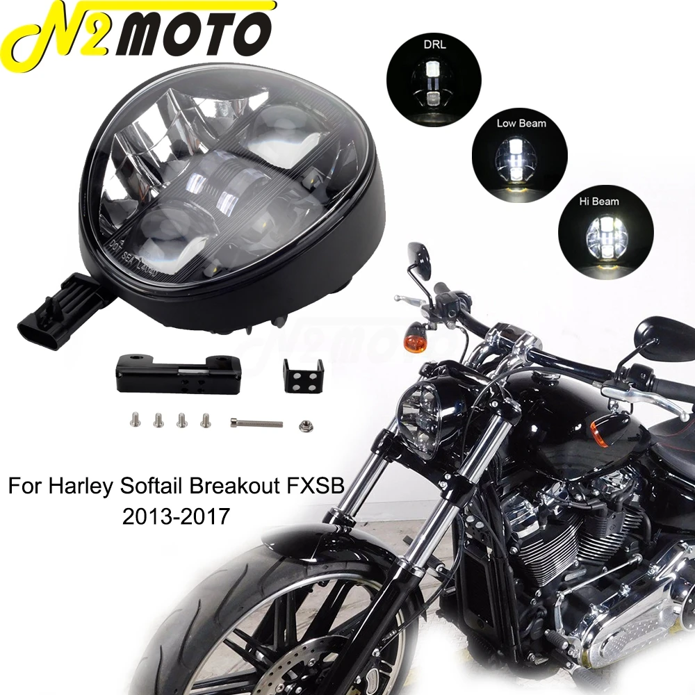 

12V LED Headlight Projector Hi/Lo Beam DRL Headlamp W/ Mounting Extension Bracket Kit For Harley Softail Breakout FXSB 2013-2017